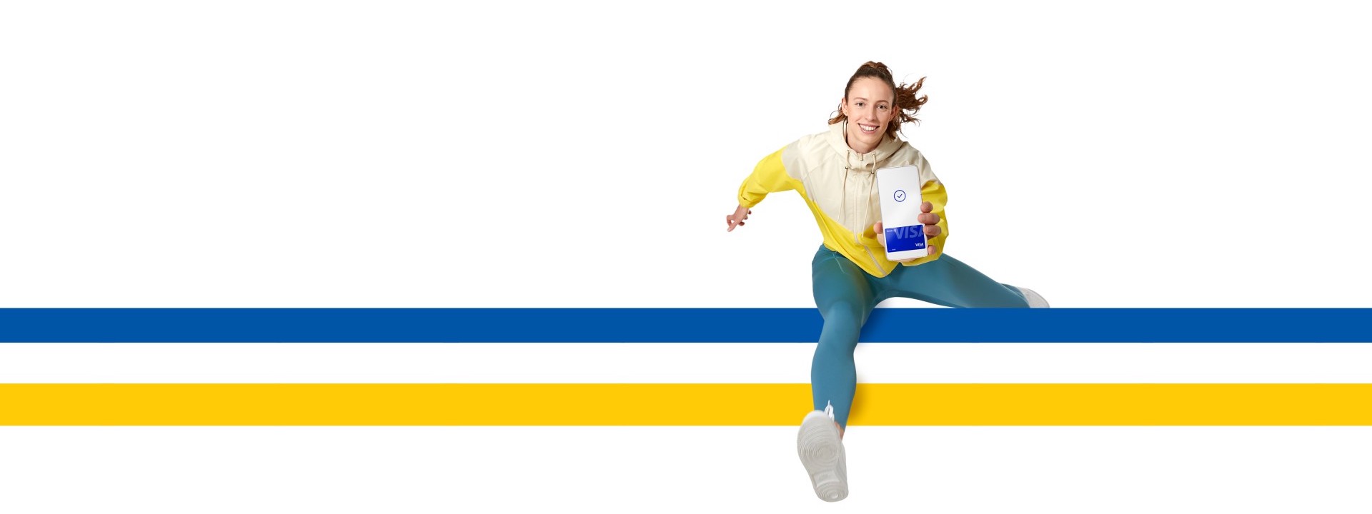 woman jumping over visa logo